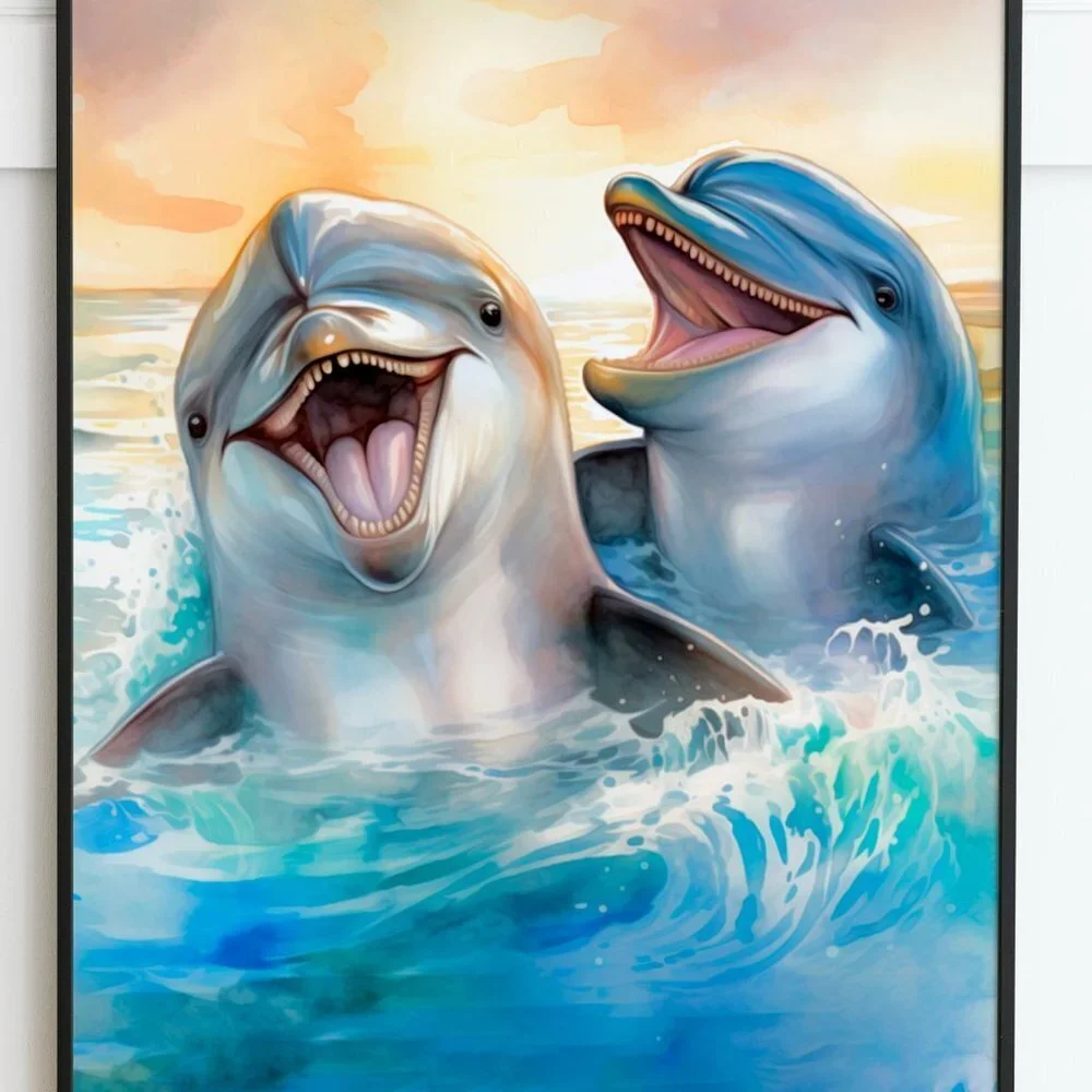 16x20 Happy‎ Dolphins Playing Splashing Watercolor Oil Painting Fantasy Poster - Picture 4 of 6